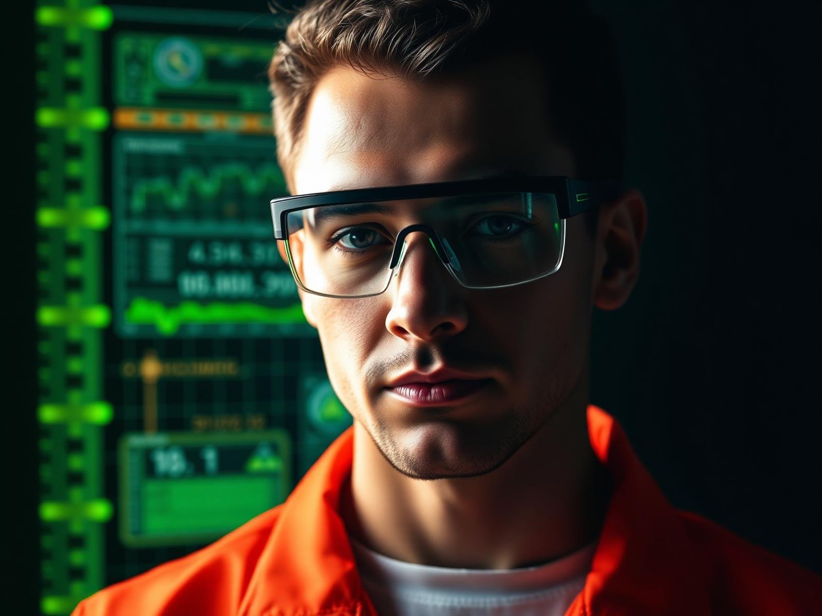 Worker wearing prescription safety glasses at an industrial monitoring station