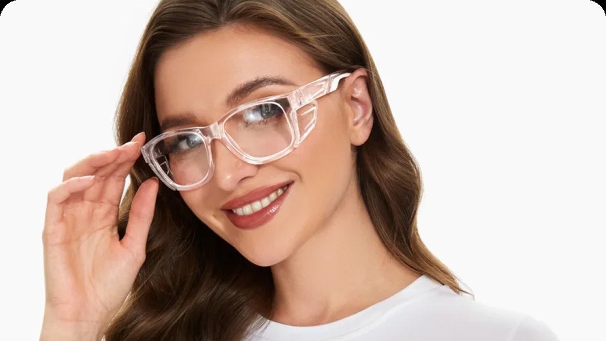 Woman wearing clear prescription safety glasses with integrated side shields