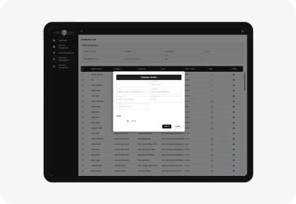 Safety Eye Guard administrator employee roster on a tablet with an employee details panel open