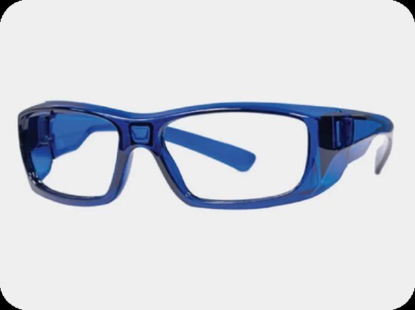 Blue wrap-around prescription safety glasses with side shields