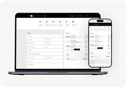 Safety Eye Guard marketplace checkout on laptop and phone showing delivery details and cart summary
