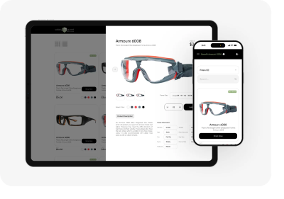 Safety Eye Guard online marketplace product page for Armourx 6008 safety glasses on tablet and phone